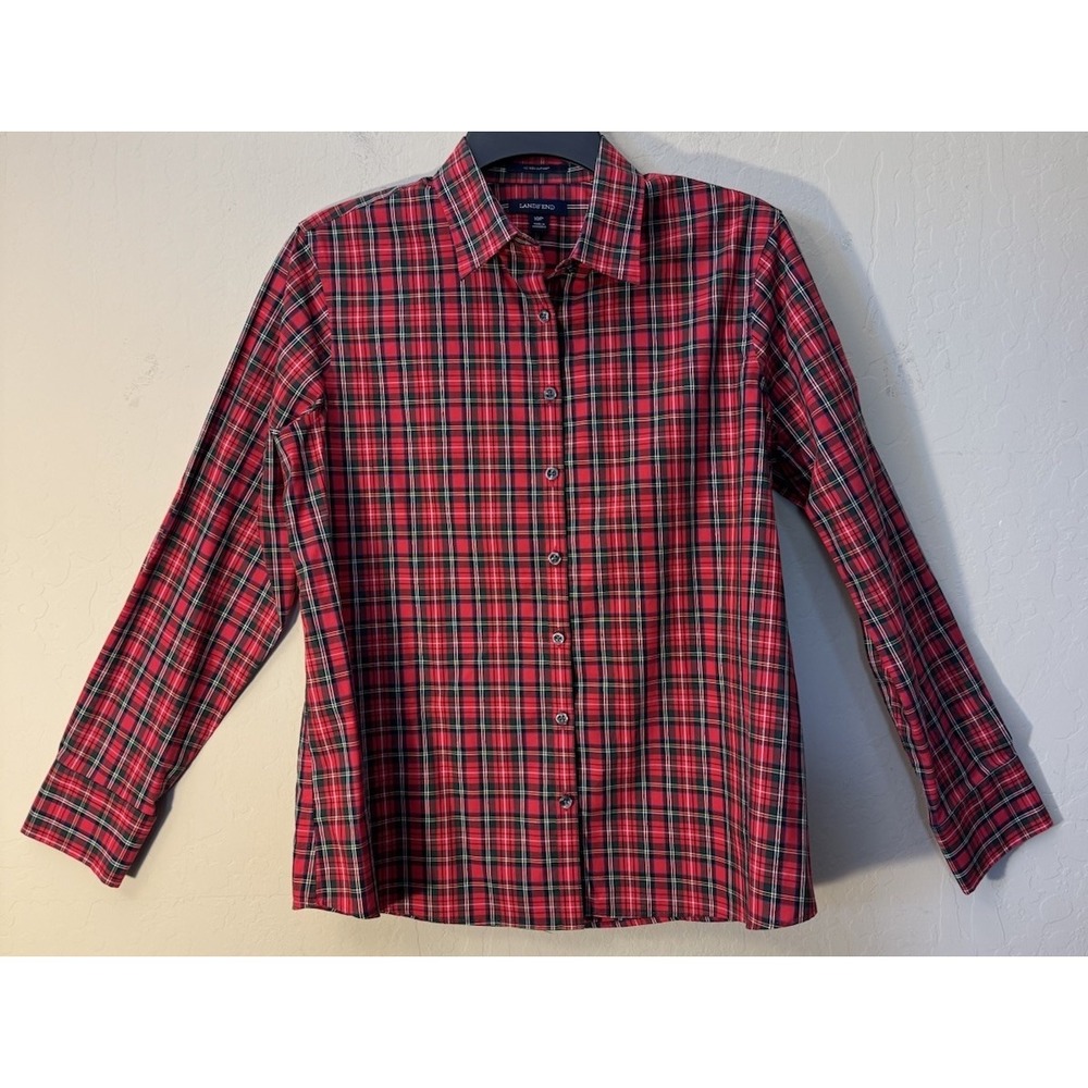 LANDS' END No Iron Supima Shirt Women 10P Long Sleeve Red Plaid Button Front